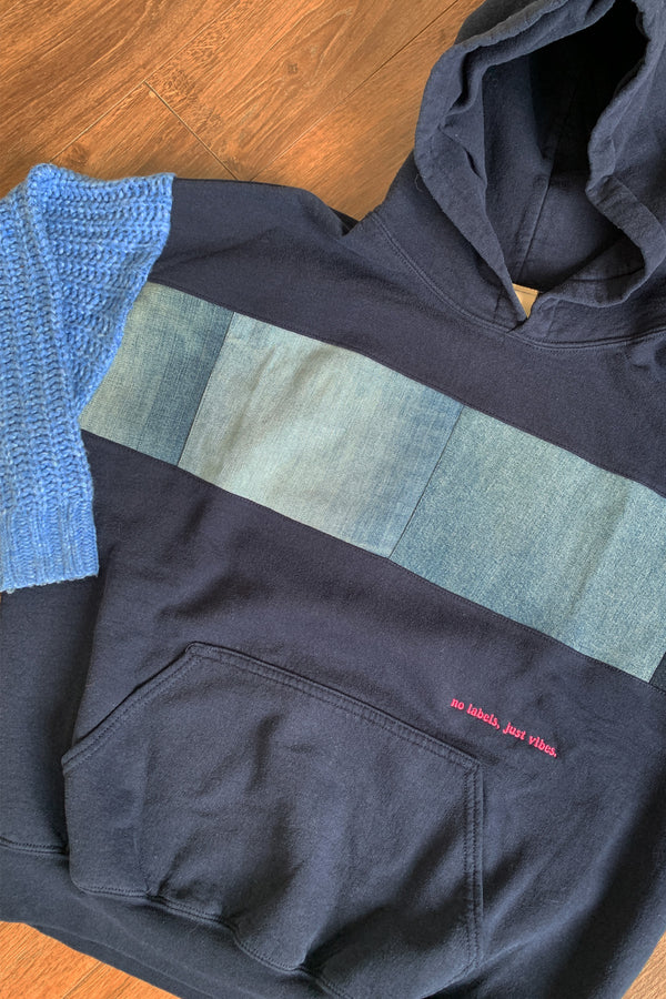 navy hoodie  upcycled with denin and blue knit sleeves, repurposed in canada