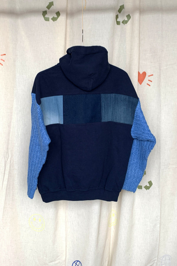 navy hoodie  upcycled with denin and blue knit sleeves, repurposed in canada