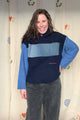 navy hoodie  upcycled with denin and blue knit sleeves, repurposed in canada