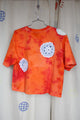 orange tie dyed tee with white crochet doilies, upcycled clothing, thrifted fashion, no labels, just vibes