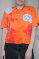 orange tie dyed tee with white crochet doilies, upcycled clothing, thrifted fashion, no labels, just vibes