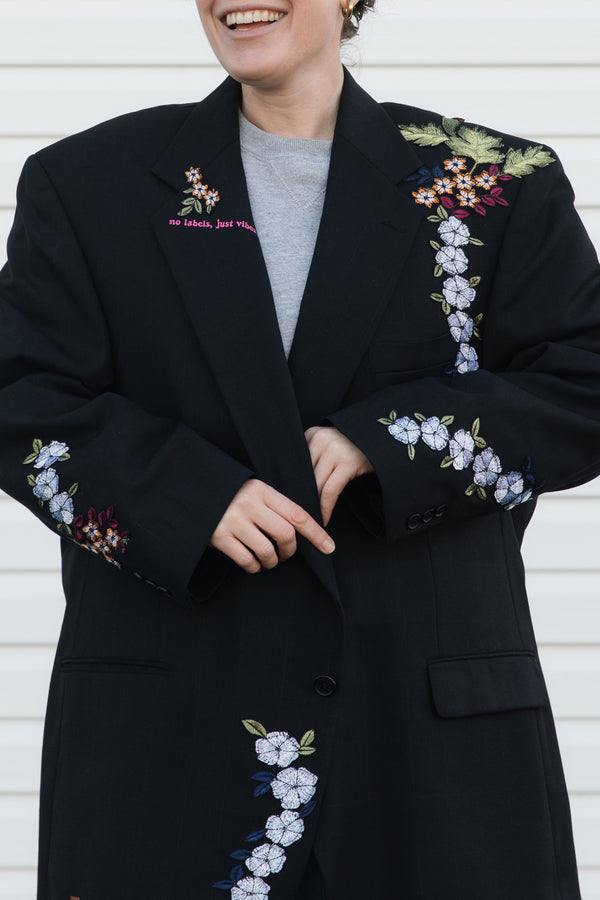 Person wearing a black coat with floral embroidery on a white background