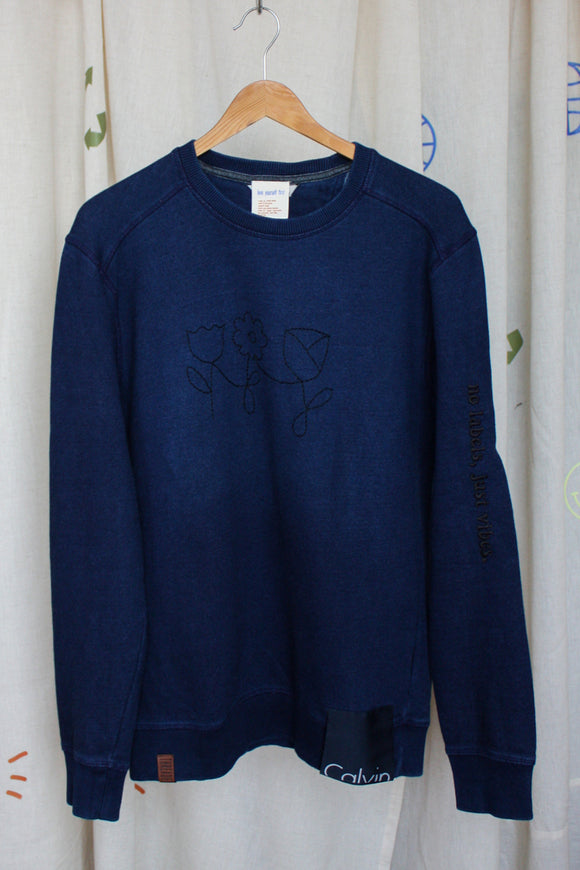 navy crewneck with floral embroidery, repurposed clothing, upcycled, no labels, just vibes embroidery