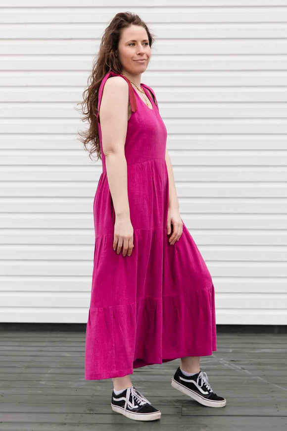 hot pink cotton/linen dress,  gathered waist, flowing summer dress with pockets. made in canada