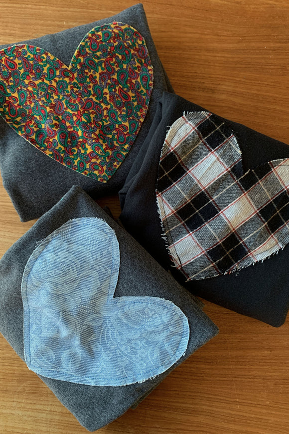 pasley heart sweater, plaid heart sweater & floral denim print sweater