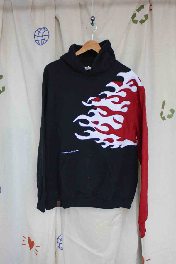 fire hoodie, black, white and red flames, upcycled clothing