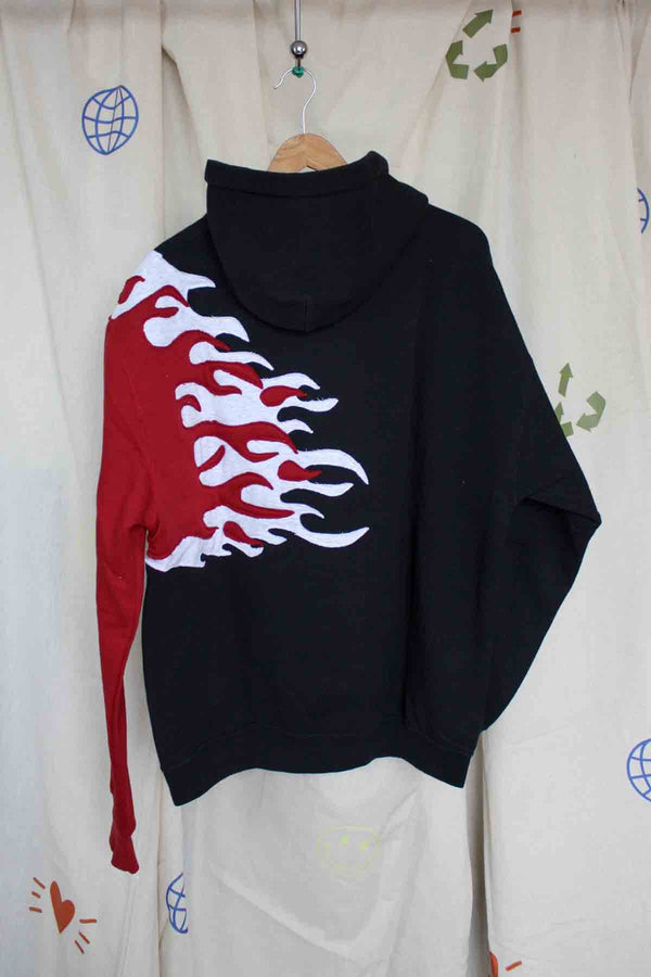 fire hoodie, black, white and red flames, upcycled clothing
