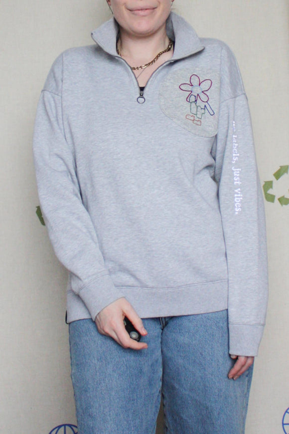 grey half zip sweater with floral embroidery detail, repurposed in canada