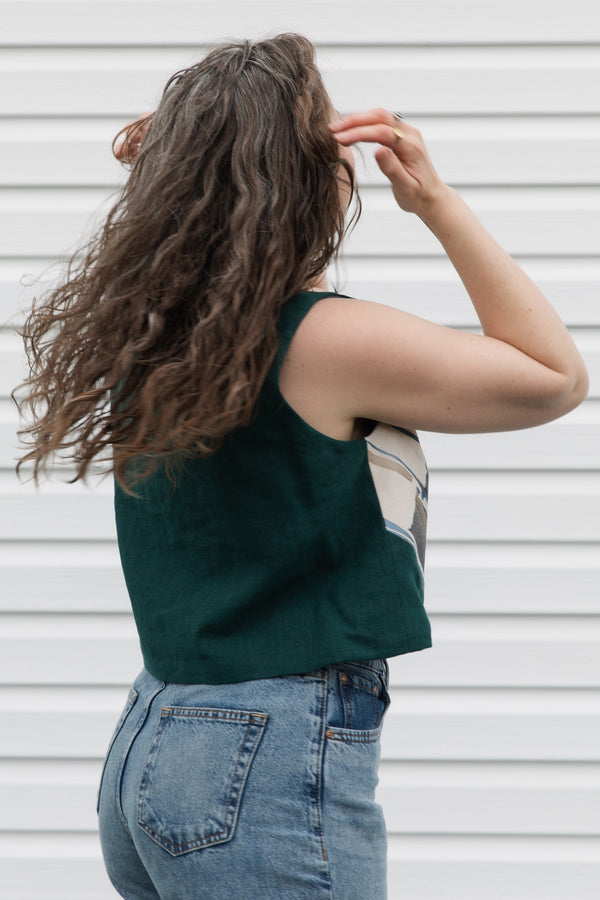 upcycled linen top, teal featuring gold, blue and cream, made in canada, summer top