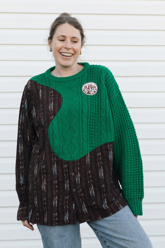 colour blocking sweater featuring bright green cable knit sweater and brown patterned shirt, upcycled in canada