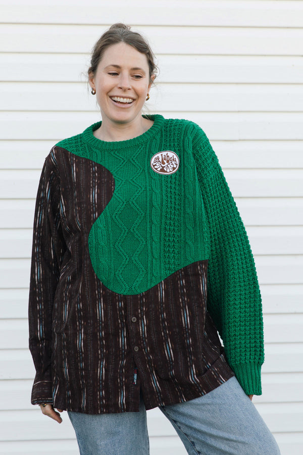 colour blocking sweater featuring bright green cable knit sweater and brown patterned shirt, upcycled in canada