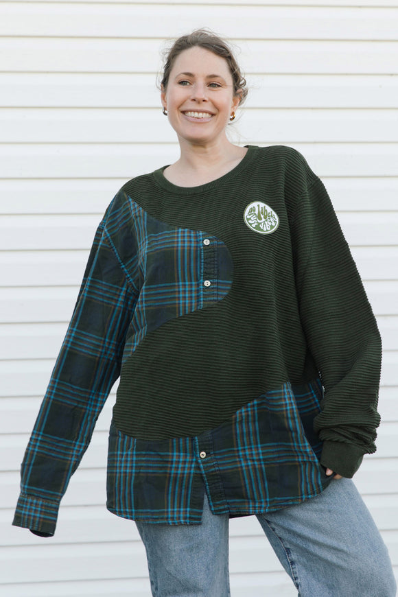 dark green textured sweater with blue/green plaid, upcycled in canada