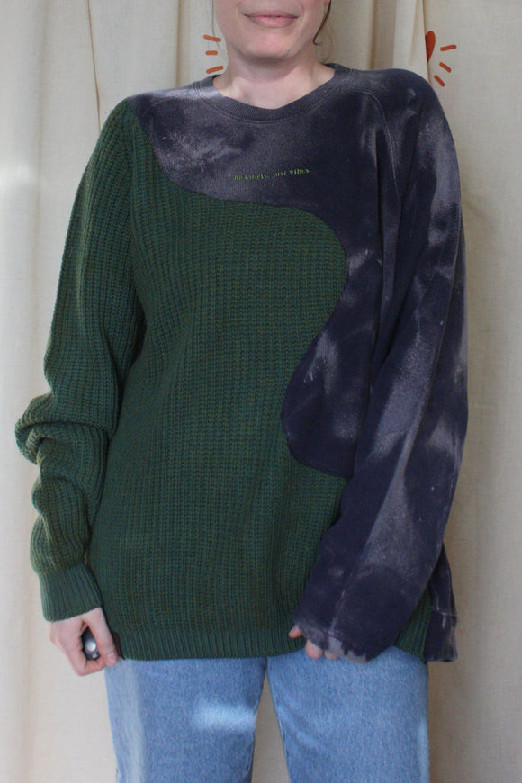 green and blue upcycled sweater, size large and extra comfy, repurposed in canada