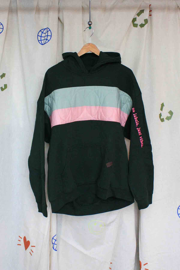 green hoodie, quilting motif, upcycled fashion