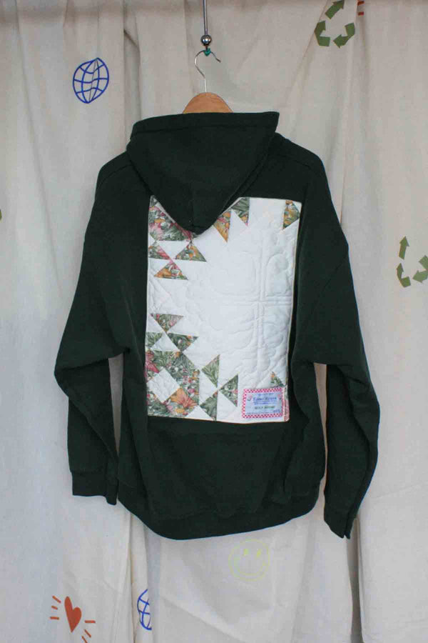 green hoodie, quilting motif, upcycled fashion