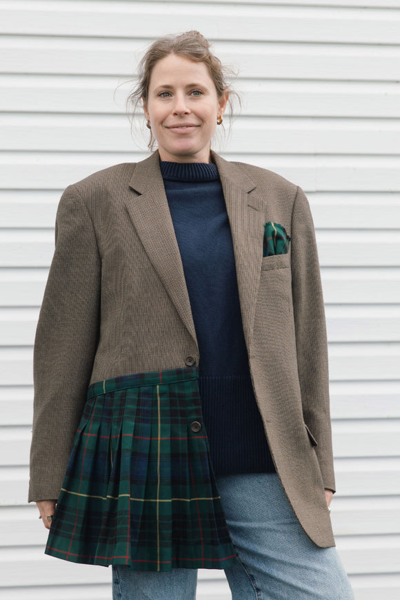 men's brown tweed blazer with green kilt detailing