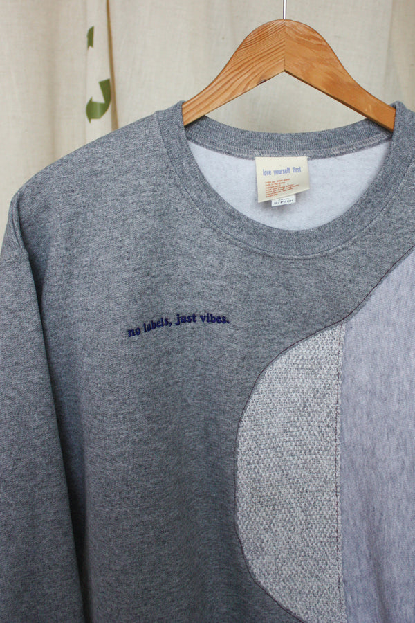 grey sweater with grey monotone applique, one of a kind sweater, upcycled clothing, embroidered with no labels, just vibes