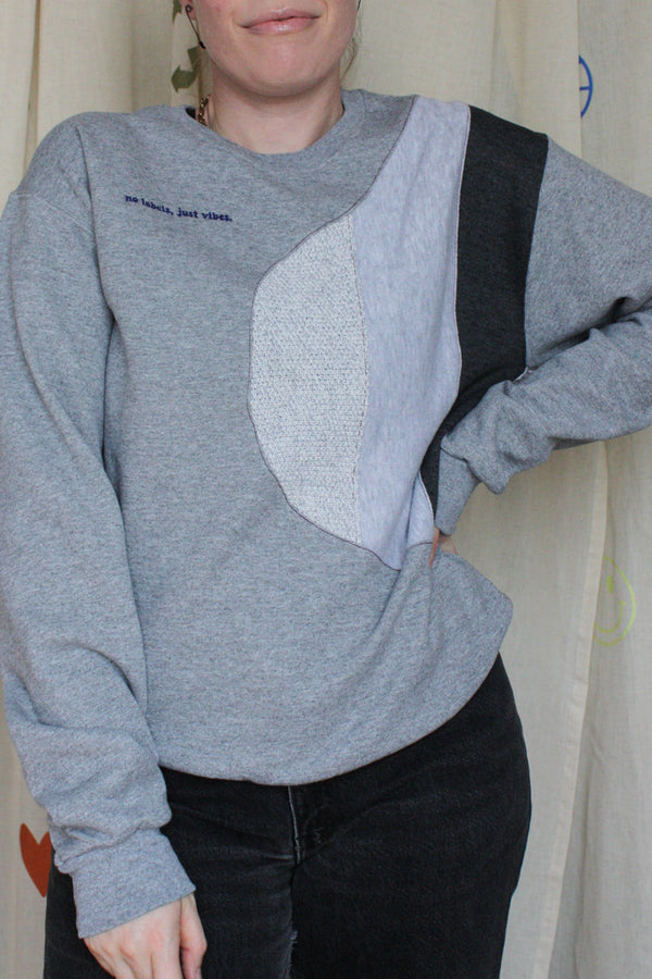 grey sweater with grey monotone applique, one of a kind sweater, upcycled clothing, embroidered with no labels, just vibes