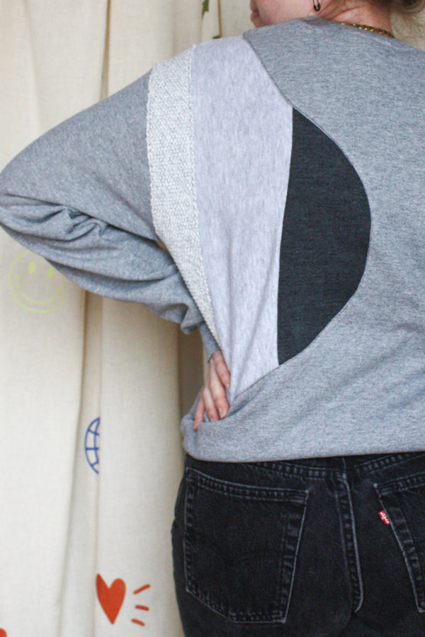 grey sweater with grey monotone applique, one of a kind sweater, upcycled clothing, embroidered with no labels, just vibes