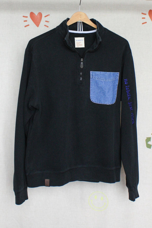 black half zip sweater with denim patchwork pocket, upcycled clothing, made in canada