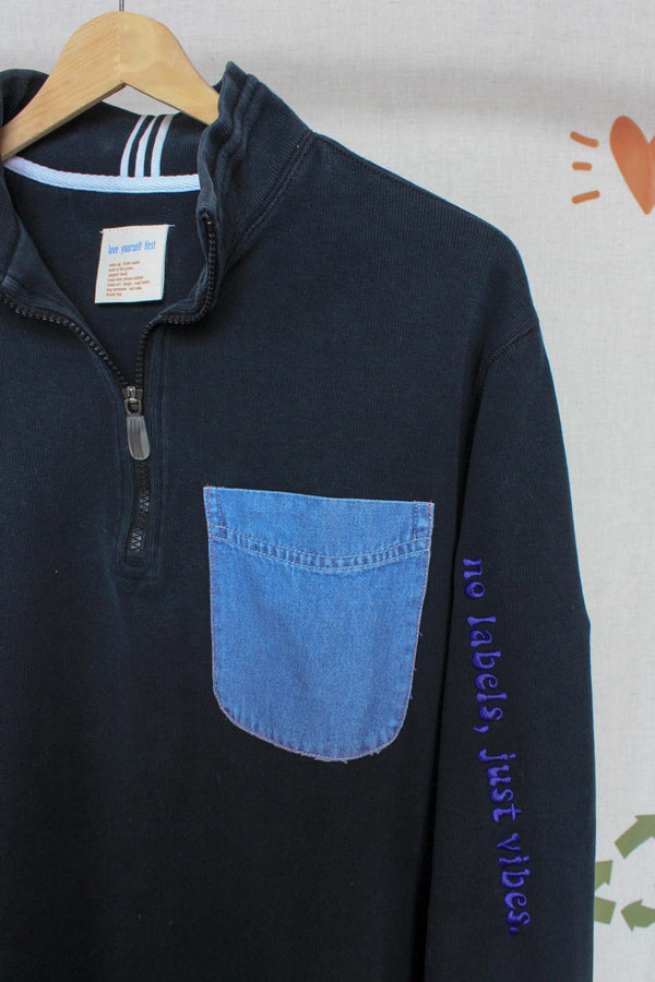 black half zip sweater with denim patchwork pocket, upcycled clothing, made in canada