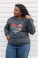 red and blue heart sweater, cut from scrap fabric. upcycled oversized sweater, hand stitched in ottawa