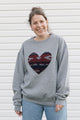 indigenous woven heart sewn on heather grey sweater, unisex and oversized fit, sewn in canada