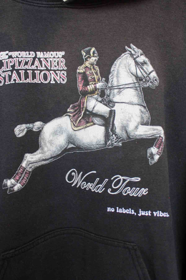 lipizzaner stallion world tour, black horse hoodie, upcycled in canada, thrifted fashion