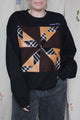 black crewneck, houndstooth quilted motif, upcycled in canada, thrifted clothing