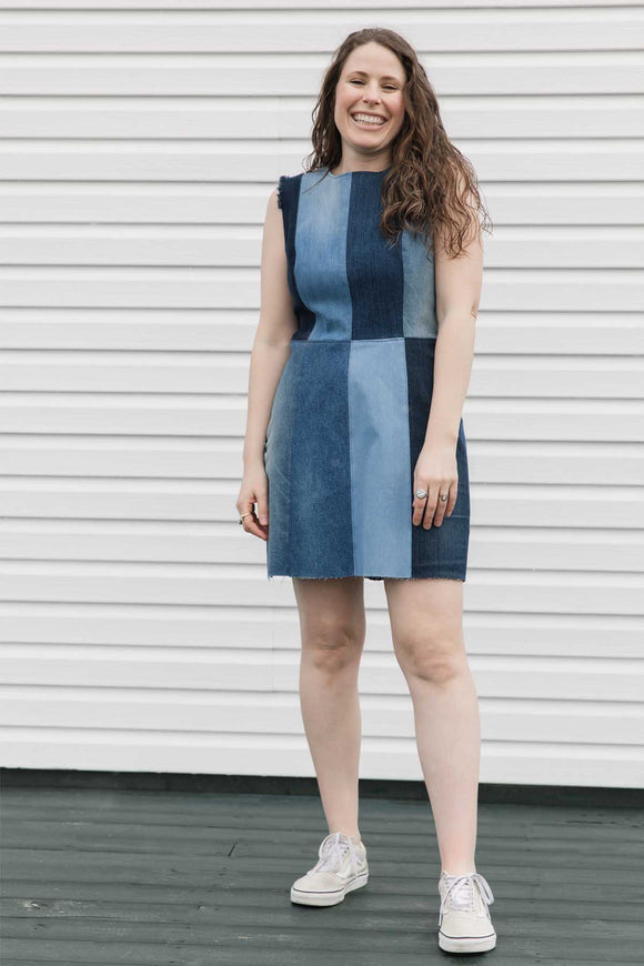 perfect summer dress, made from repurposed denim, bringing you a colourful blue dress, handmade in Canada