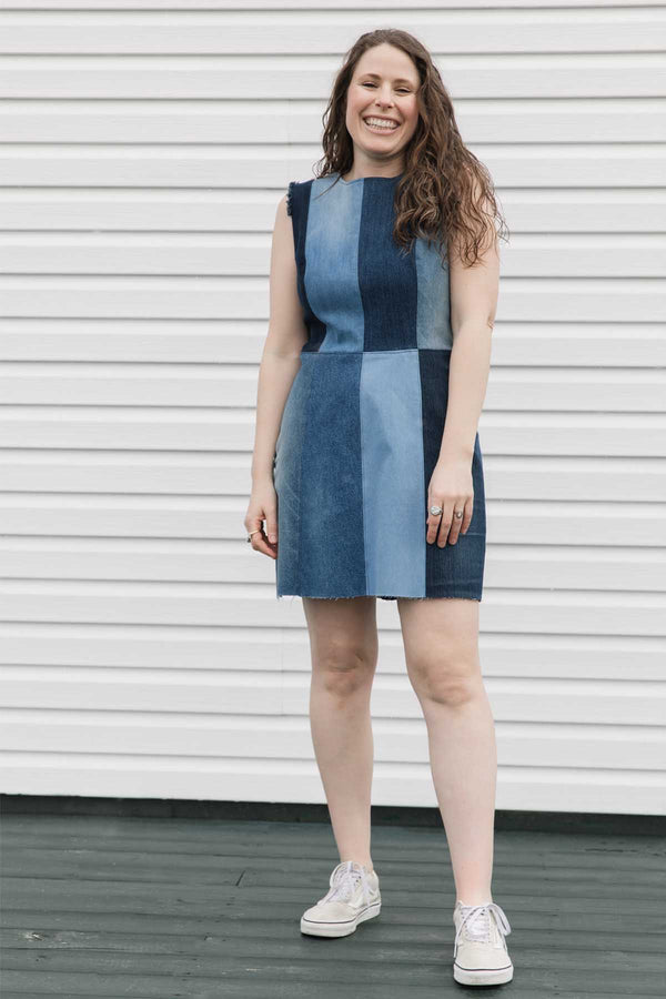 perfect summer dress, made from repurposed denim, bringing you a colourful blue dress, handmade in Canada
