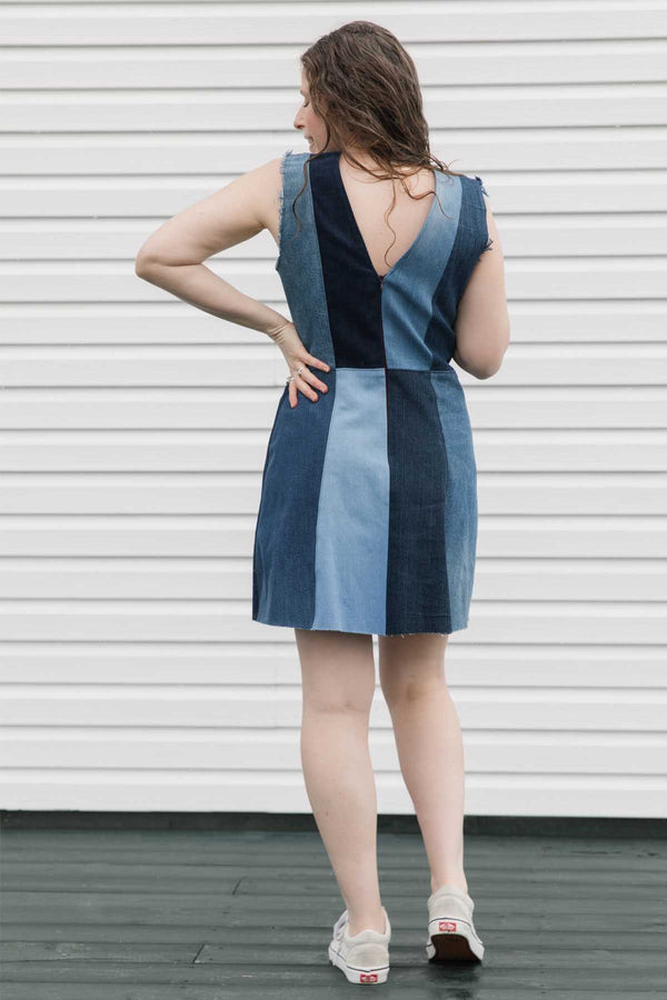 perfect summer dress, made from repurposed denim, bringing you a colourful blue dress, handmade in Canada