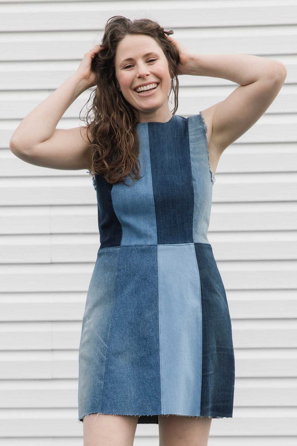 perfect summer dress, made from repurposed denim, bringing you a colourful blue dress, handmade in Canada