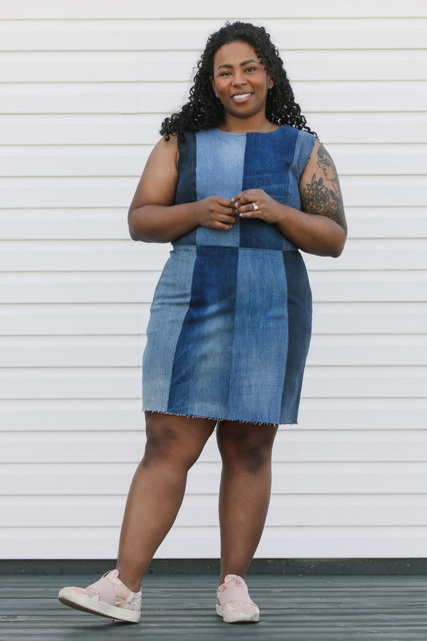 perfect summer dress, made from repurposed denim, bringing you a colourful blue dress, handmade in Canada