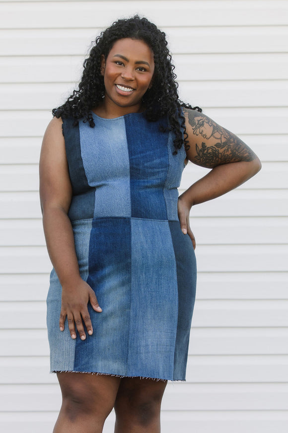 perfect summer dress, made from repurposed denim, bringing you a colourful blue dress, handmade in Canada