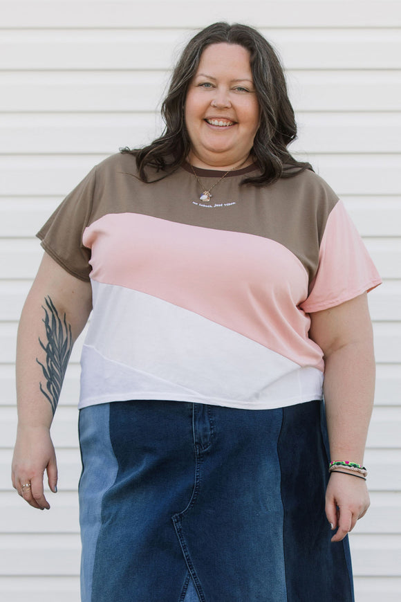 neapolitan inspired t-shirt, with brown, pink and white fabric, making the perfect summer tee, handmade in Canada