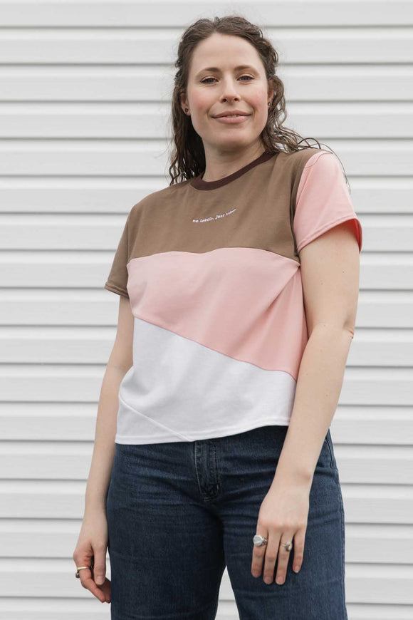 neapolitan inspired t-shirt, with brown, pink and white fabric, making the perfect summer tee, handmade in Canada