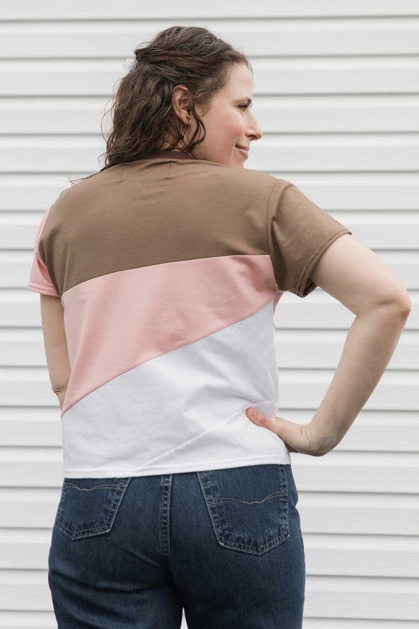 neapolitan inspired t-shirt, with brown, pink and white fabric, making the perfect summer tee, handmade in Canada