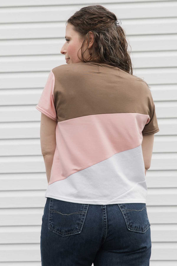 neapolitan inspired t-shirt, with brown, pink and white fabric, making the perfect summer tee, handmade in Canada