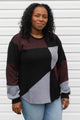 patchwork sweater, oversized comfy style, plum, black and steel blue colour, upcycled scrap fabric sweater, made in Canada