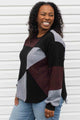 patchwork sweater, oversized comfy style, plum, black and steel blue colour, upcycled scrap fabric sweater, made in Canada