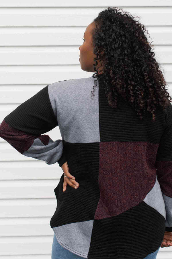 patchwork sweater, oversized comfy style, plum, black and steel blue colour, upcycled scrap fabric sweater, made in Canada