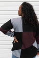 patchwork sweater, oversized comfy style, plum, black and steel blue colour, upcycled scrap fabric sweater, made in Canada