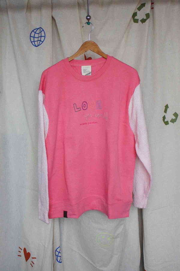 pink sweater with knit sleeves, embroidered with love yourself, upcycled clothing, thrifted fashion