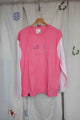 pink sweater with knit sleeves, embroidered with love yourself, upcycled clothing, thrifted fashion