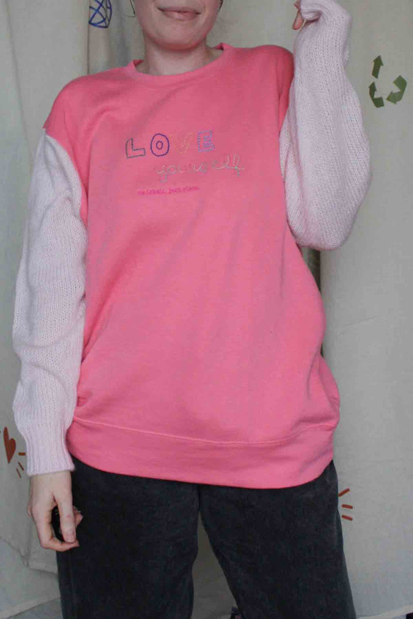 pink sweater with knit sleeves, embroidered with love yourself, upcycled clothing, thrifted fashion