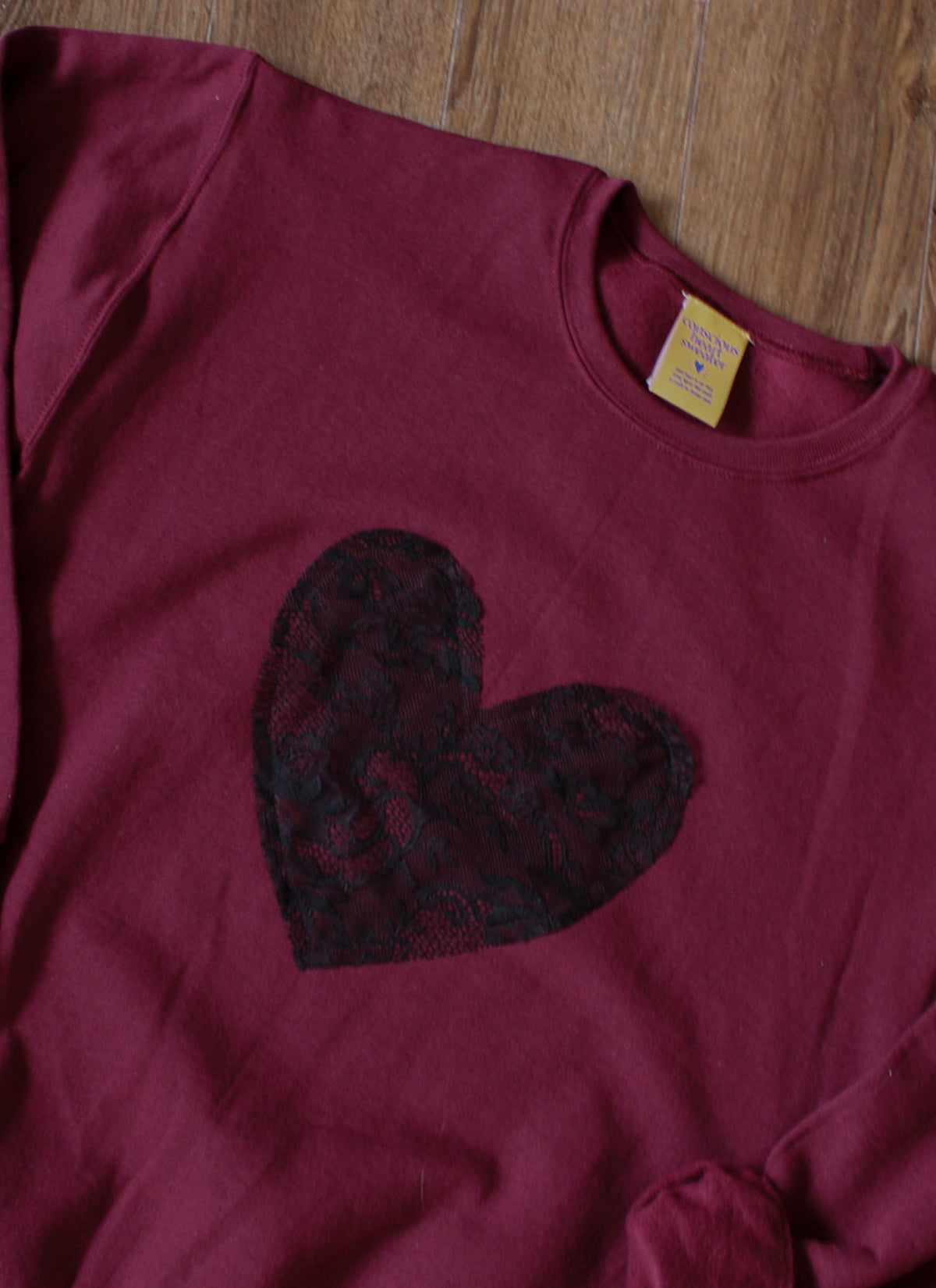upcycled heart sweater, burgundy and black lace