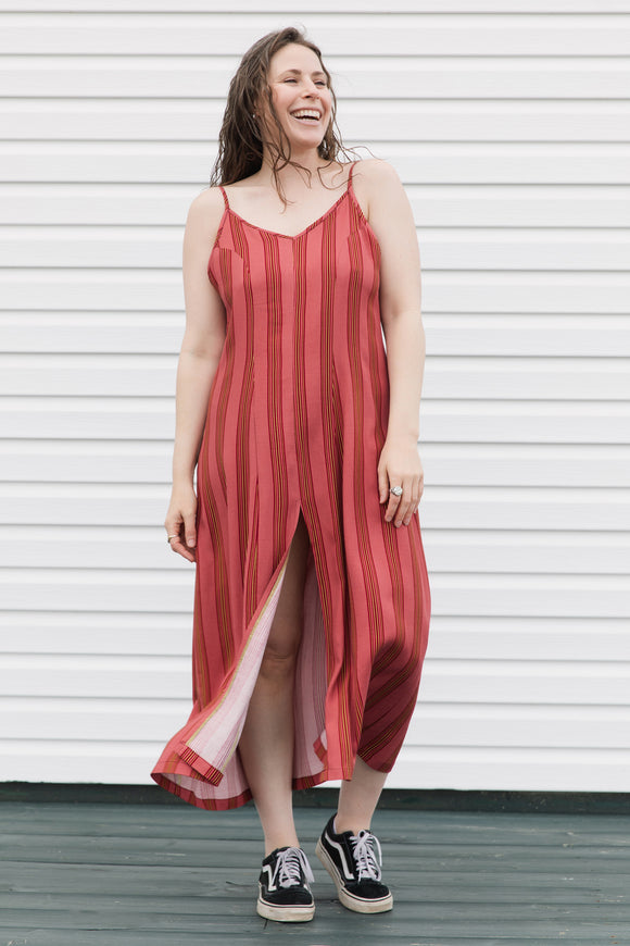 striped dress with spaghetti strap and front slit, gorgeous summer dress, made in canada