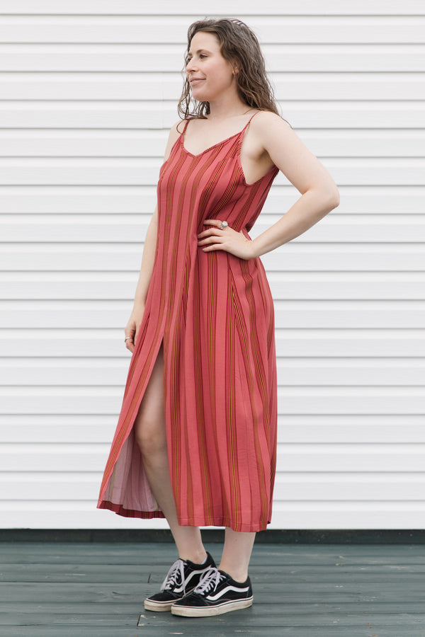 striped dress with spaghetti strap and front slit, gorgeous summer dress, made in canada