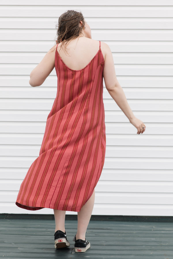 striped dress with spaghetti strap and front slit, gorgeous summer dress, made in canada